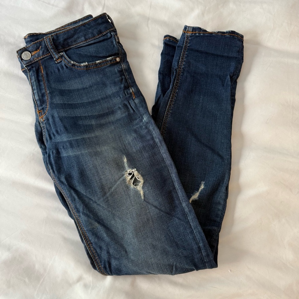 Zara super skinny distressed blue denim jeans, size 4
